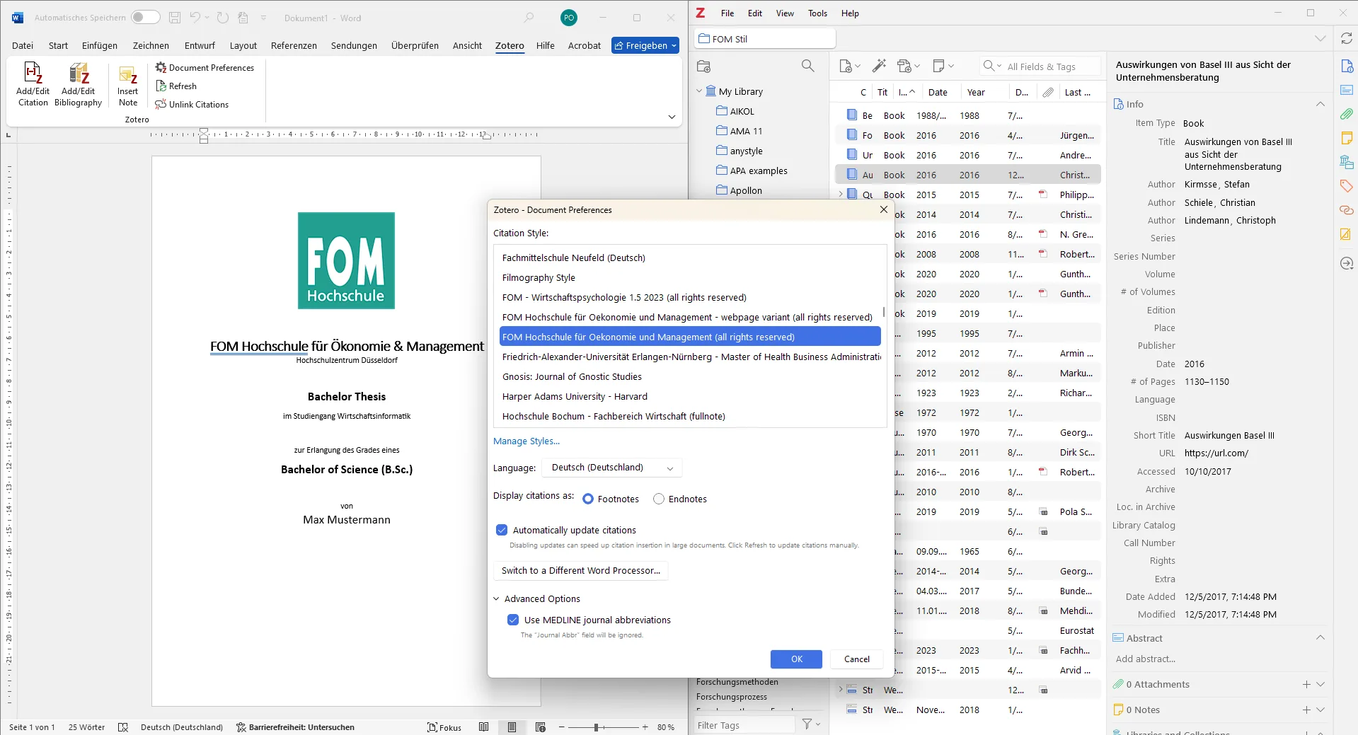 FOM Hochschule für Ökonomie und Management - Zotero Zitierstil in Word nutzen - Citation Styler