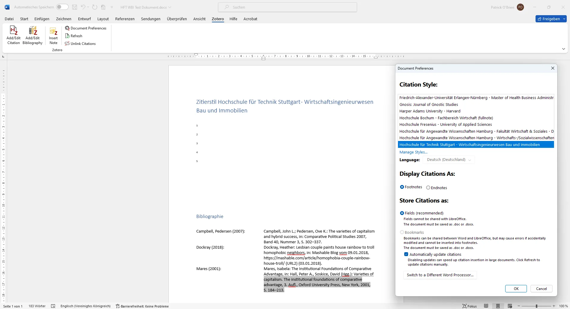Test Dokument mit dem HFT Stuttgart CSL Zitierstil für Zotero
