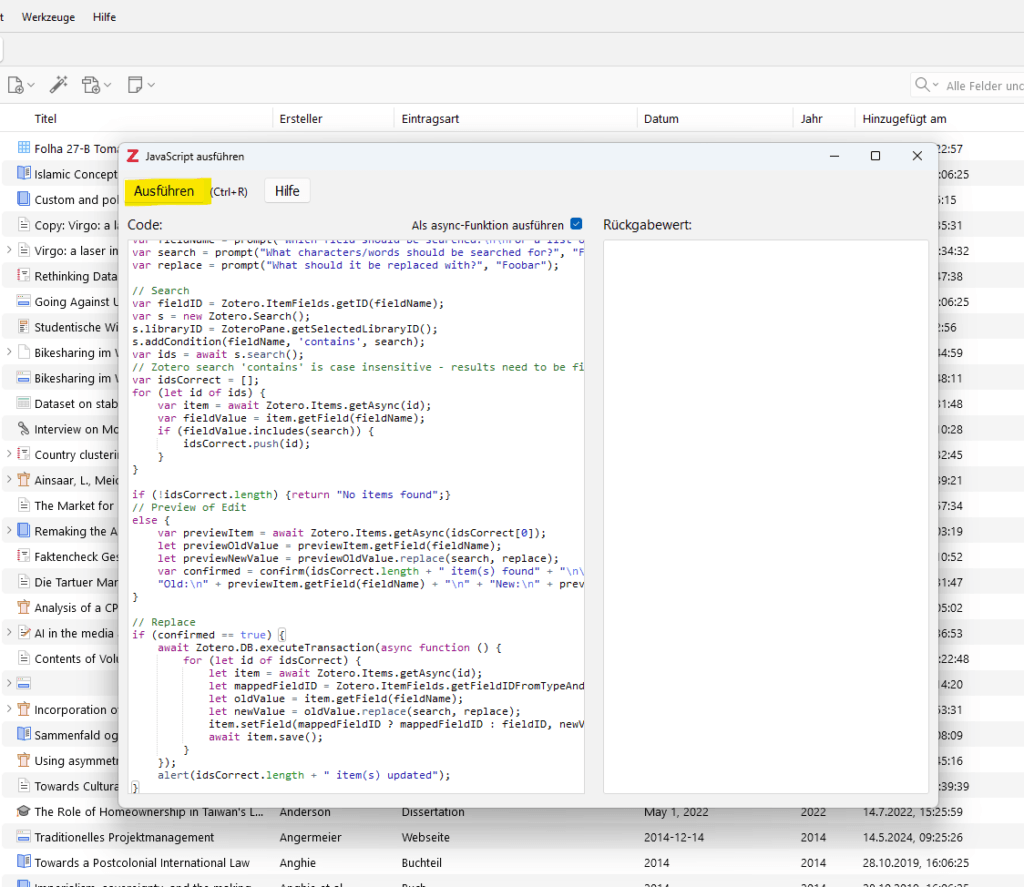 Zotero - Search and Replace - Script ausfuehren