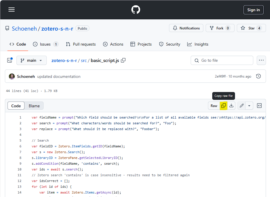 Zotero - Search and Replace - Script direkt kopieren