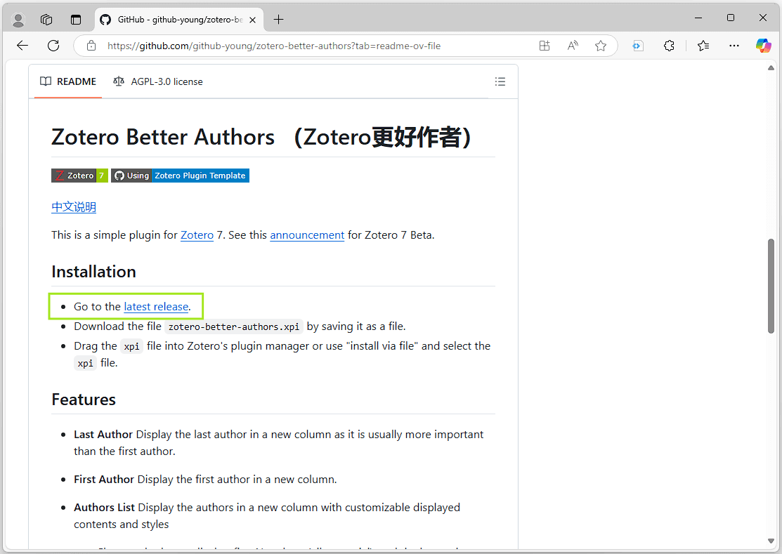 GitHub Seite des Zotero Better Authors Plugins mit Markierung des Latest Release