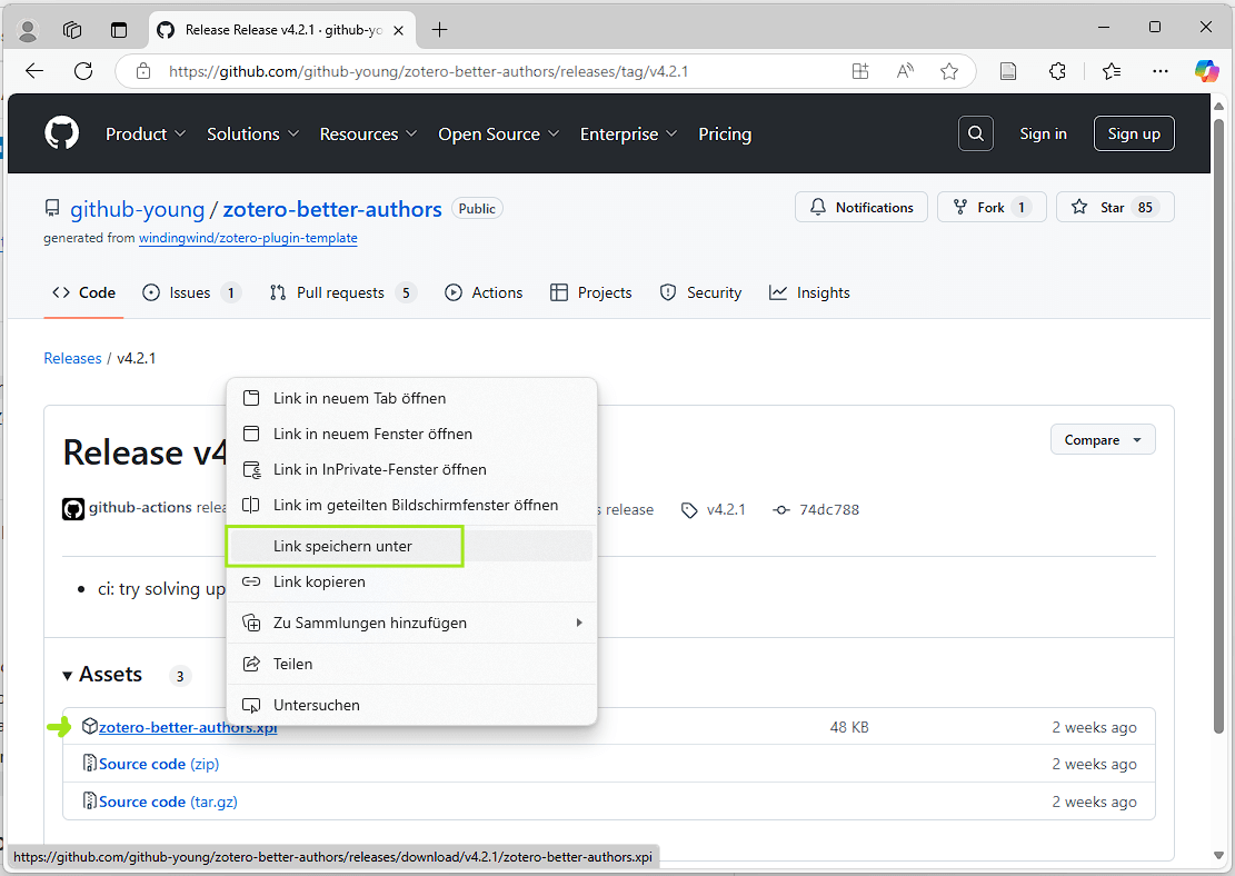 Download der XPI Datei des Zotero Plugins