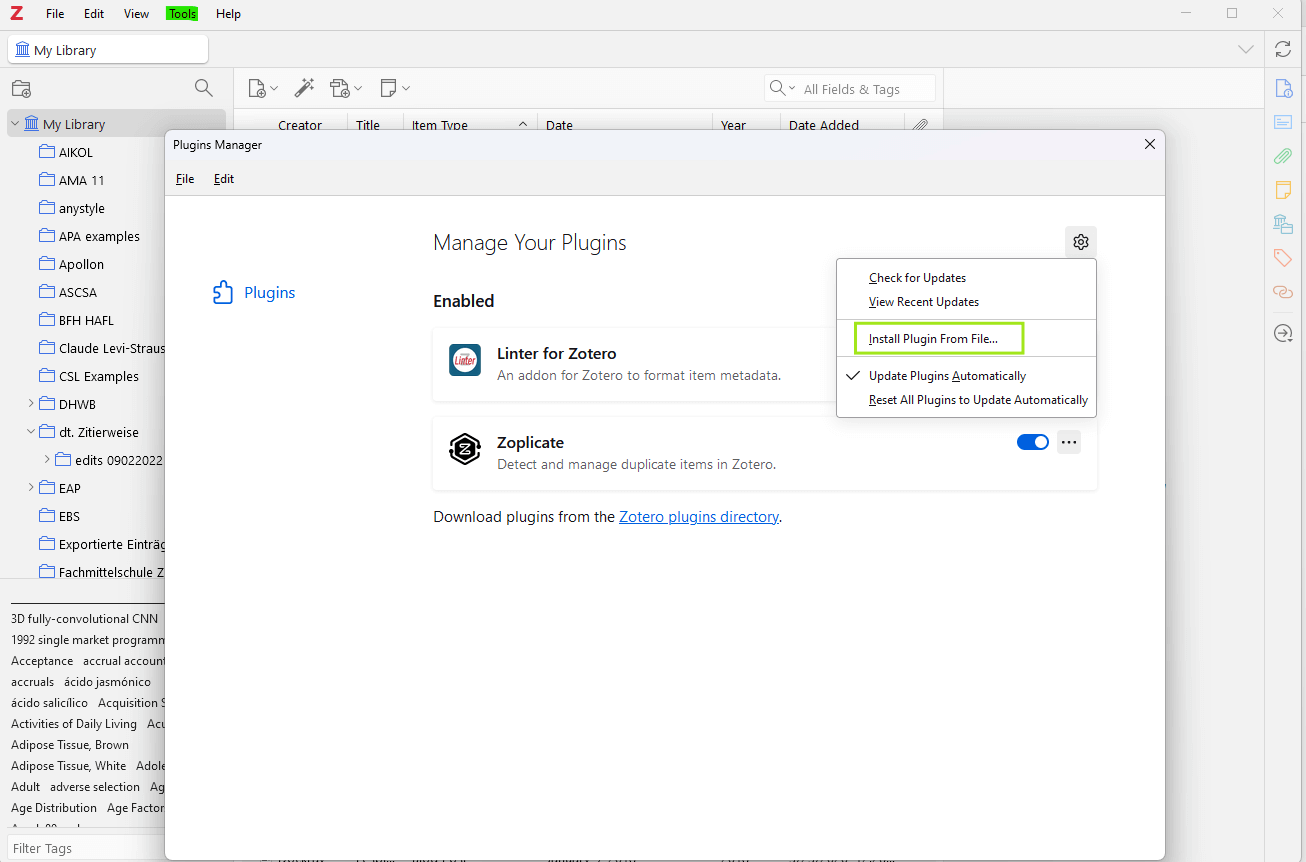 Zotero Plugin Manager Installation von Datei