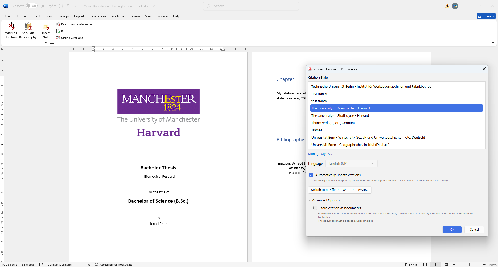 Citation style for Zotero in use in Word for the University of Manchester