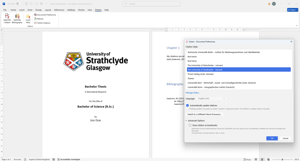 Zotero citation style University of Strathclyde in Word document