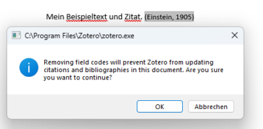 Warnung von Zotero - Zitate entlinken