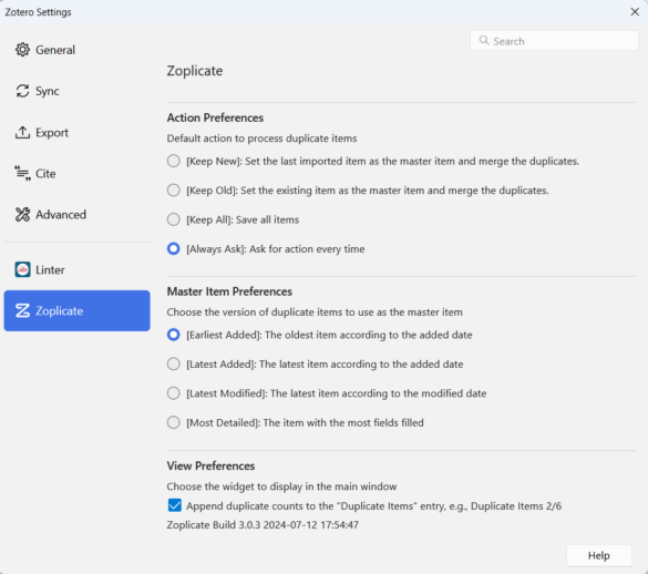 Zoplicate settings 3.0.3