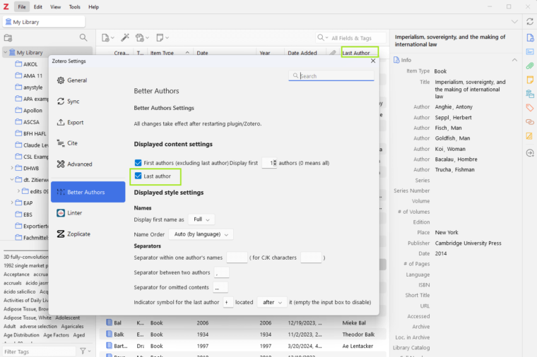 Zotero Better Authors step 4 - settings in Zotero - Citation Styler