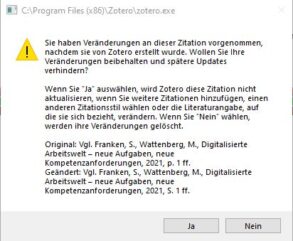 Zotero Warnung Sie haben Veränderungen an dieser Zitation vorgenommen