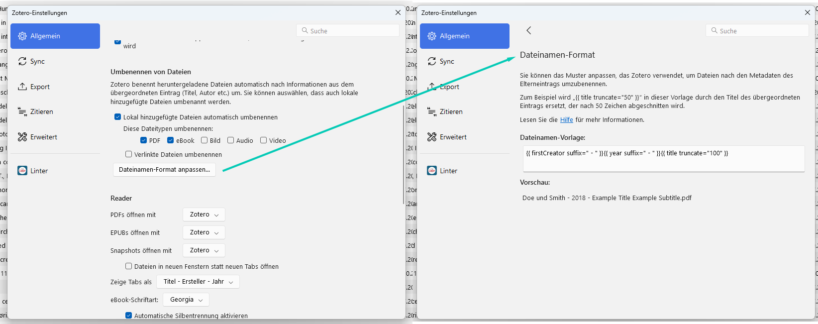 Zotero7 - dateinamen-Format Einstellungen